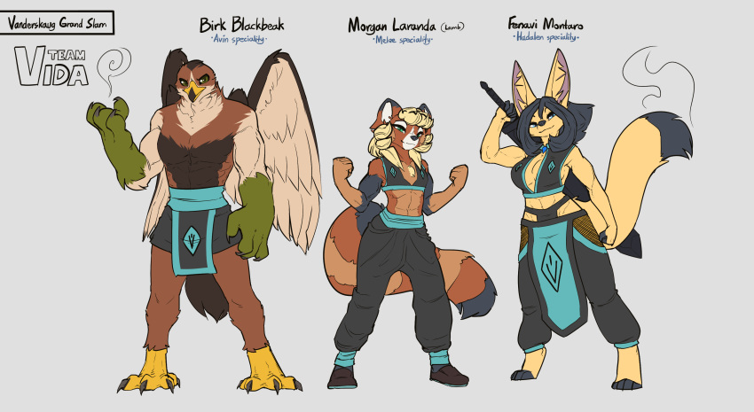 absurd_res ailurid avian beak bird birk_blackbeak black_hair blonde_hair blue_eyes boob_window canid canine digital_media_(artwork) english_text falcon falconid feathers female fenavi_montaro fennec feretta fox fur green_eyes hadalen_magic hair hi_res lamb_(feretta) male mammal melee_weapon muscular muscular_female muscular_male orange_body orange_fur red_panda sword tale_of_tails tan_body tan_fur text weapon webcomic white_body white_fur wings yellow_body yellow_fur