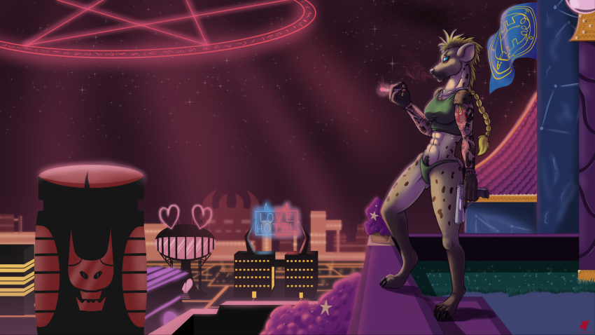 16:9 anthro ciggarate city clothed clothing female gun handgun harkrun hazbin_hotel hell helluva_boss hi_res hyaenid mammal panties pistol ranged_weapon skimpy smoking solo spotted_hyena underwear weapon widescreen yvette_novak