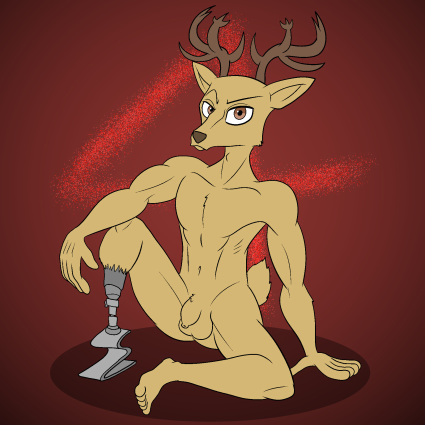 1:1 abstract_background anthro antlers balls beastars brown_body brown_eyes brown_fur cervid cervine darkajugin flaccid foreskin fur genitals hi_res horn looking_at_viewer louis_(beastars) male mammal nude penis prosthetic prosthetic_leg prosthetic_limb red_deer sitting solo