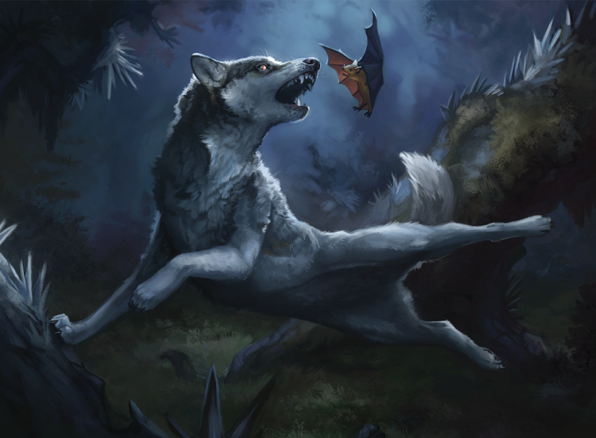 2021 alradeck ambiguous_gender canid canine canis chiropteran claws detailed_background digital_media_(artwork) digitigrade duo fangs feral finger_claws fur grass grey_body grey_fur hasbro inner_ear_fluff magic:_the_gathering mammal membrane_(anatomy) membranous_wings moss night official_art open_mouth outside plant quadruped shaded teeth toe_claws tuft wings wizards_of_the_coast wolf