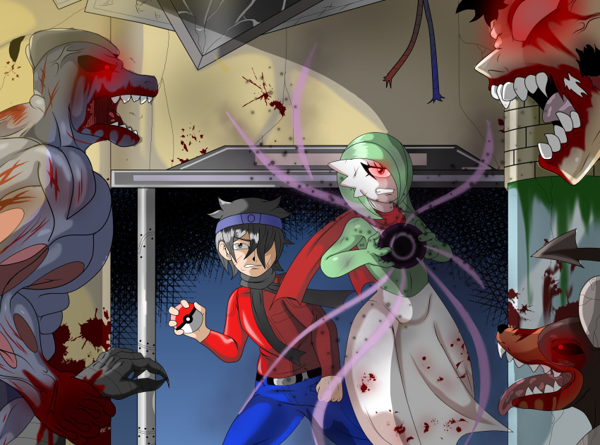 2021 absurd_res angry anthro black_hole blood blood_on_clothing blood_on_face blood_on_hand blood_on_mouth blood_splatter bodily_fluids clenched_teeth clothing cracks detailed_background female fighting_pose gardevoir glowing glowing_eyes gore green_hair group hair hi_res houndoom human humanoid machoke male mammal nintendo open_mouth pok&eacute;ball pok&eacute;mon pok&eacute;mon_(species) pose red_eyes sharp_teeth slasheramaya surrounded teeth undead video_games wounded zombie zombie_apocalypse