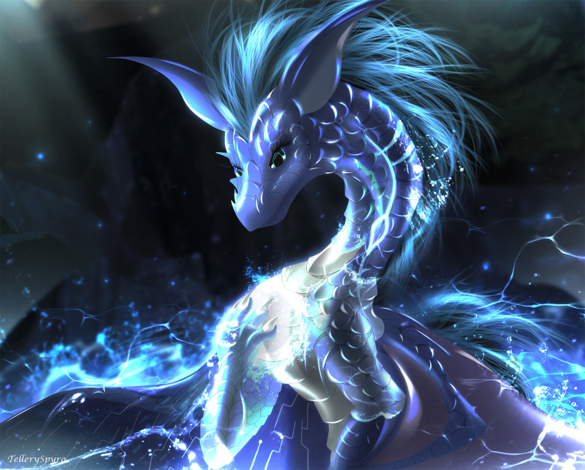 2021 blue_body blue_eyes blue_hair blue_scales detailed digital_media_(artwork) dragon eyelashes female feral hair hi_res long_ears night outside scales scalie shaded solo telleryspyro western_dragon wings