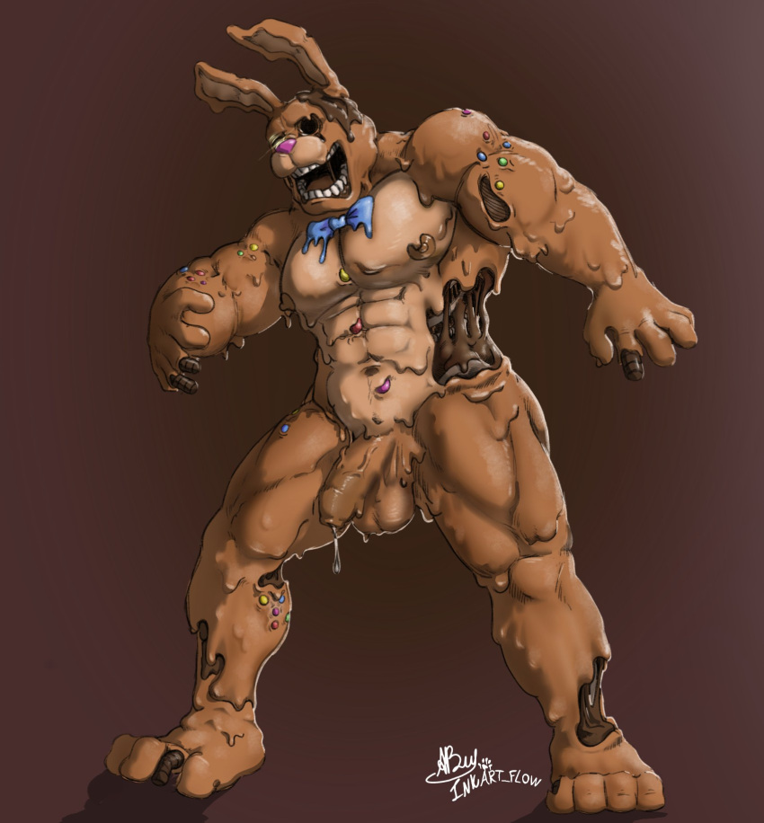 1_eye 2021 abs anthro areola balls barazoku barefoot biceps bodily_fluids bonnie_(fnaf) bow_tie brown_areola brown_background brown_balls brown_body brown_nipples brown_penis brown_tongue buckteeth candy chocolate cum cum_on_penis cum_string dessert dripping feet five_nights_at_freddy's five_nights_at_freddy's_ar flaccid food food_creature foreskin genital_fluids genitals glowing glowing_eyes hi_res humanoid_genitalia humanoid_penis inkart_flow internal lagomorph leporid long_ears long_foreskin male mammal manly melted_chocolate_bonnie_(fnaf) melting multicolored_body muscular navel nipples nude open_mouth orgasm pecs penis pink_nose presenting presenting_balls presenting_penis rabbit saggy_balls saliva shadow simple_background solo standing teeth thick_thighs tongue triceps two_tone_body uncut vein veiny_penis video_games