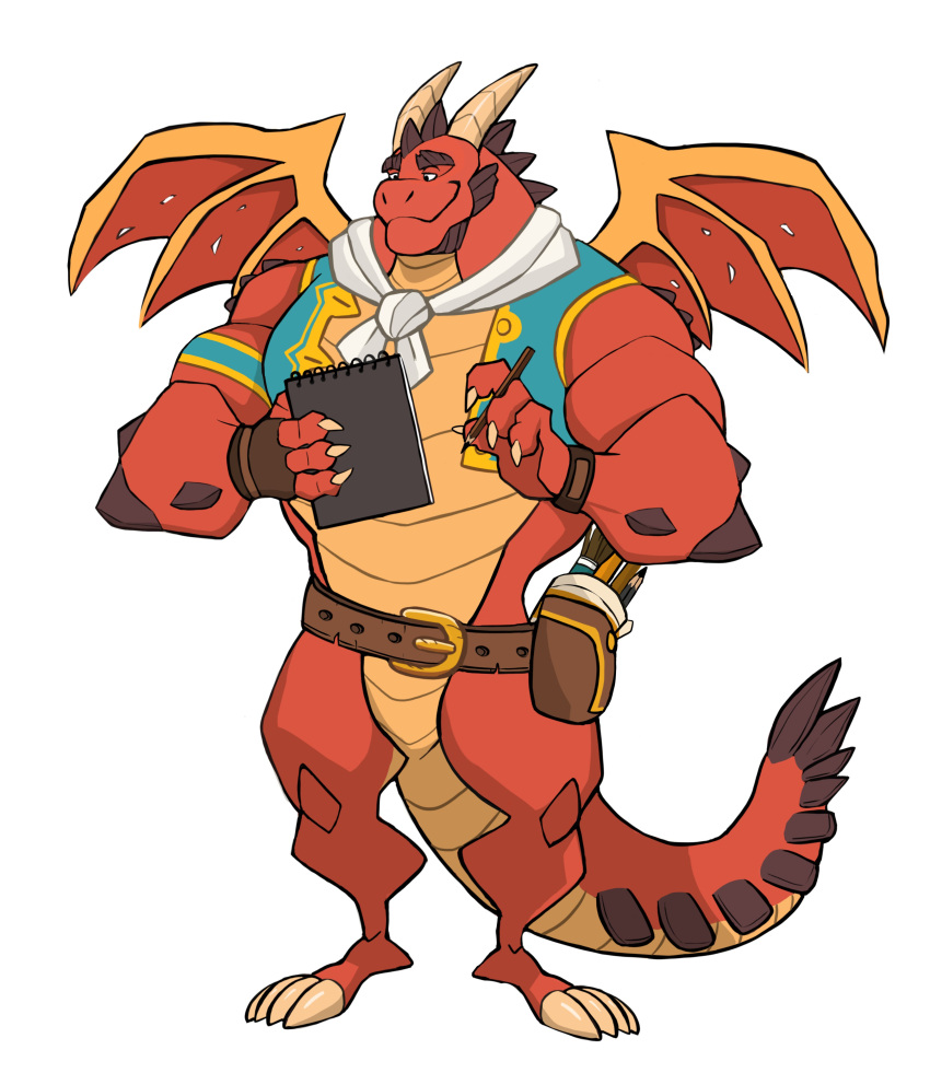 absurd_res activision anthro belt claws clothing darknaigart delbin_(spyro) dragon hi_res horn male muscular muscular_anthro muscular_male pencil_(object) red_body scalie simple_background sketchbook solo spyro_reignited_trilogy spyro_the_dragon standing video_games white_background wings