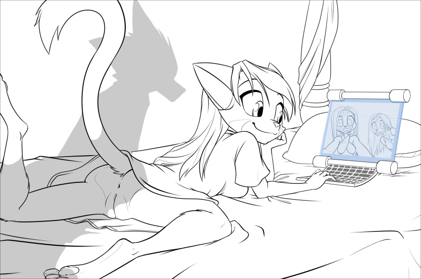 2021 anthro anus bast_(dreamkeepers) bed black-kitten black_border border bottomless breasts casual_exposure clothed clothing comic digital_media_(artwork) domestic_cat dreamkeepers felid feline felis female fur furniture genitals hair hi_res jeneviv kalei_(dreamkeepers) lilith_calah long_hair mammal midriff monochrome open_mouth pillow pussy shirt smile tank_top topwear video_call