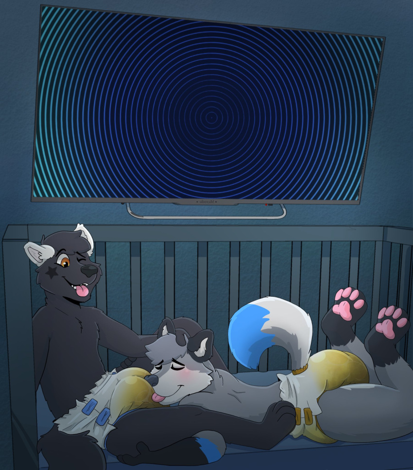 2019 4_toes anthro biped black_body black_fur black_nose blue_body blue_fur blush bodily_fluids bottlebear bulge canid canine canis clothed clothing crib diaper digital_drawing_(artwork) digital_media_(artwork) dipstick_tail duo eyes_closed feces feet fur genital_fluids grey_body grey_fur hi_res hindpaw male mammal markings messy_diaper multicolored_body multicolored_fur multicolored_tail one_eye_closed pawpads paws pink_pawpads sharp_teeth soiled_diaper soiling spiral teeth toes tongue tongue_out topless toya_pup two_tone_body two_tone_fur urine used_diaper wet_diaper wetting white_body white_fur wolf zyer