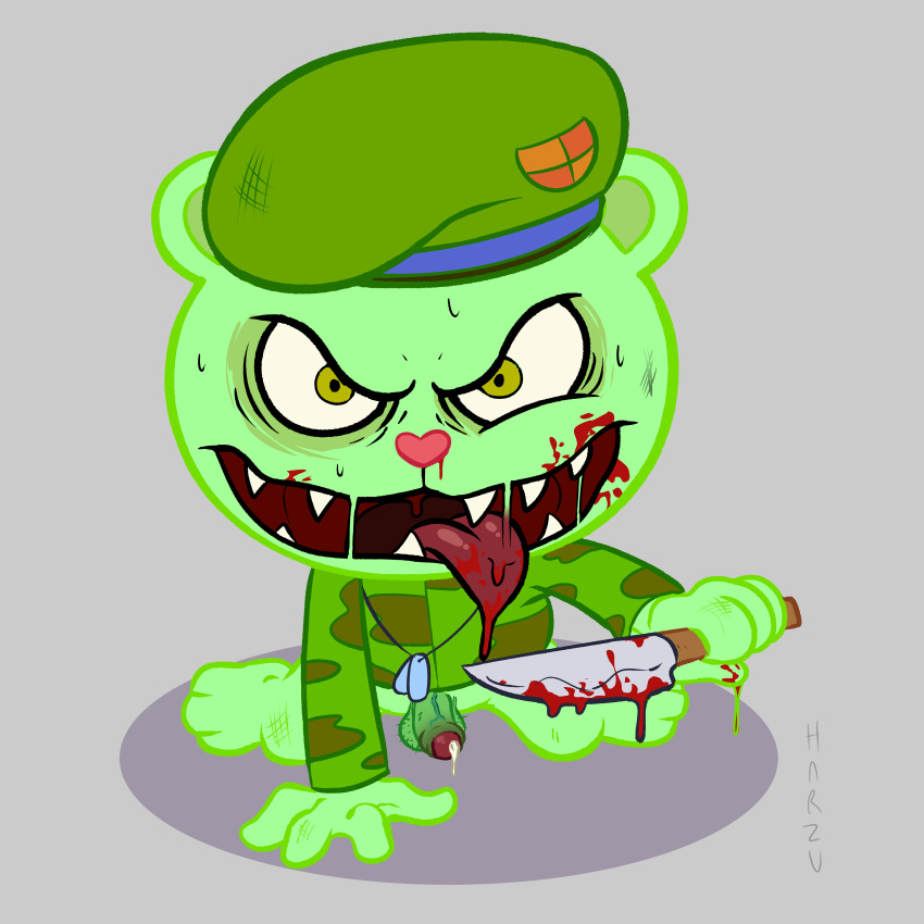 1:1 absurd_res anthro balls blood bodily_fluids camo camo_print clothed clothing digital_media_(artwork) erection flippy_(htf) foreskin fur genital_fluids genitals green_body green_fur happy_tree_friends harzu hat headgear headwear hi_res humanoid_genitalia knife looking_at_viewer male mammal open_mouth penis rape_face simple_background solo tongue toony uncut ursid weapon