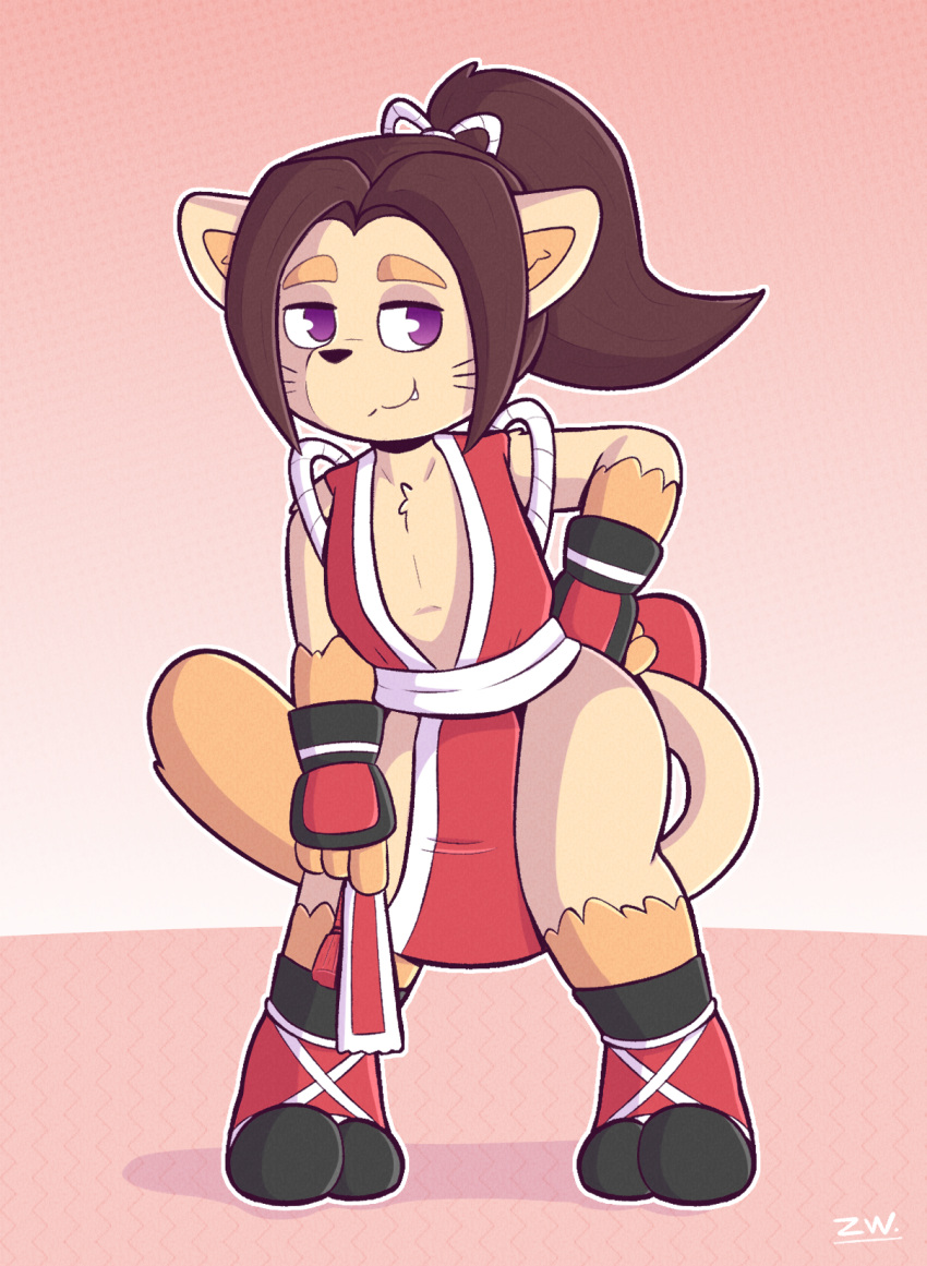 anthro butt clothed clothing cooper_cat cosplay costume domestic_cat fatal_fury felid feline felis fur hi_res looking_at_viewer mai_shiranui male mammal simple_background smile solo video_games wolfyzeeb young