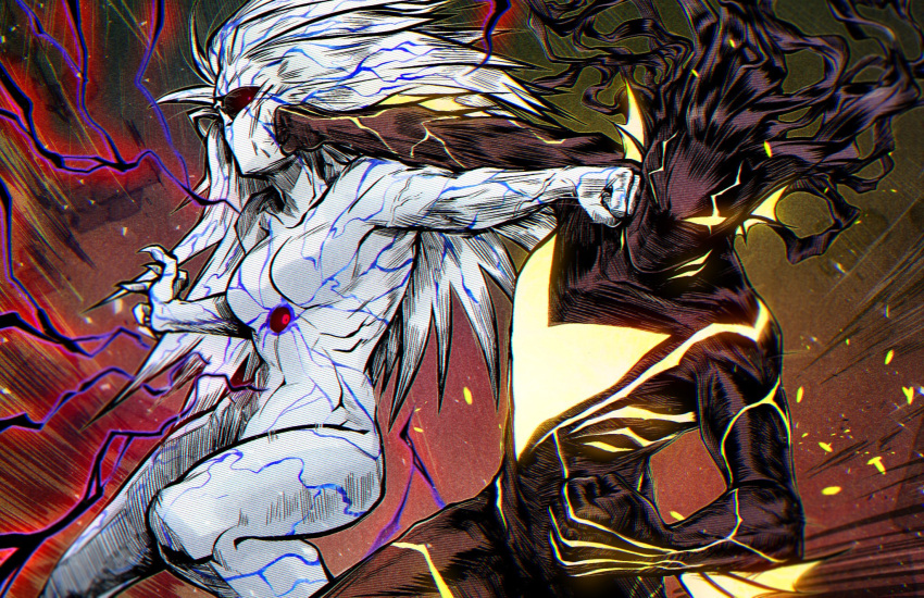 1_eye action_pose aggressive alien angry animal_humanoid athletic athletic_female athletic_male black_body black_hair black_sclera blue_markings breasts claws crossgender curvaceous curvy_figure cyclops detailed detailed_background digital_media_(artwork) duo female fight finger_claws fingers fist front_view garou_(one-punch_man) glowing glowing_body glowing_eyes glowing_markings hair half-closed_eyes hi_res humanoid long_hair lord_boros male mammal mammal_humanoid markings monster mouthless muscular narrowed_eyes navel not_furry nude one-punch_man one_(manga) pose punch punching_face red_eyes side_boob stomach_eye toned_body toned_female unknown_artist violence voluptuous white_body white_hair yellow_eyes yellow_markings