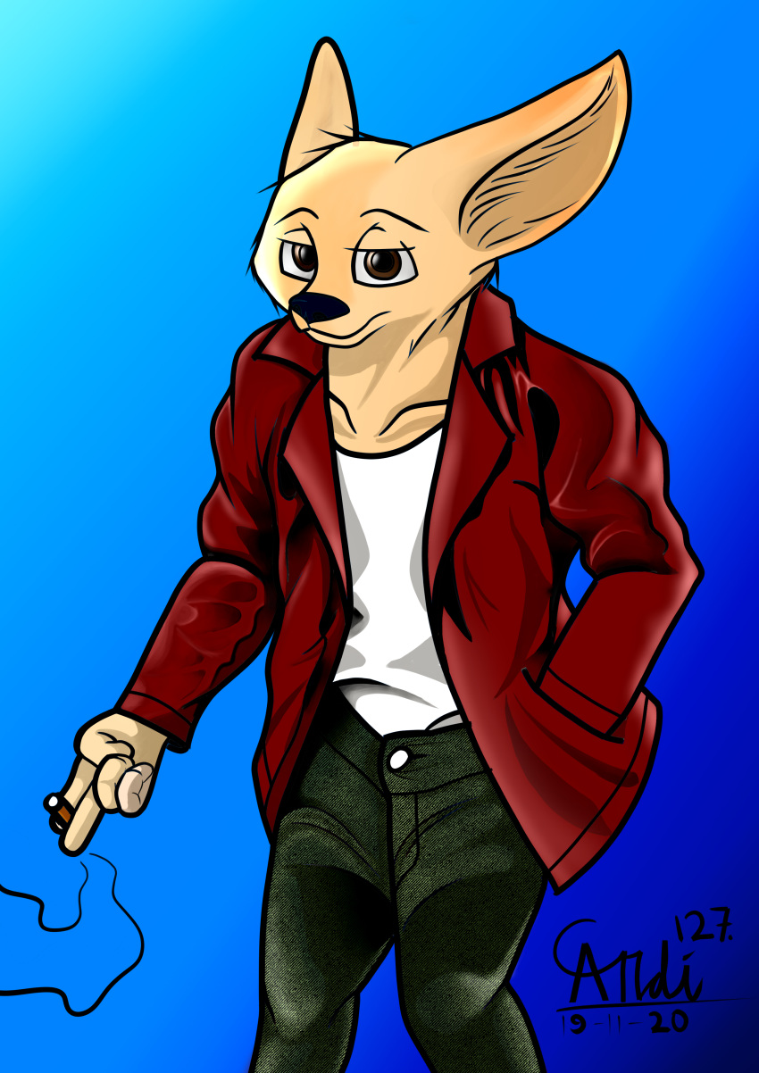 absurd_res anthro ardi127 black_nose blue_background bottomwear brown_eyes canid canine clothing disney fennec finnick fox green_clothing hi_res jacket leather leather_clothing leather_jacket leather_topwear male mammal shirt simple_background smoking solo topwear white_clothing white_shirt white_topwear zootopia