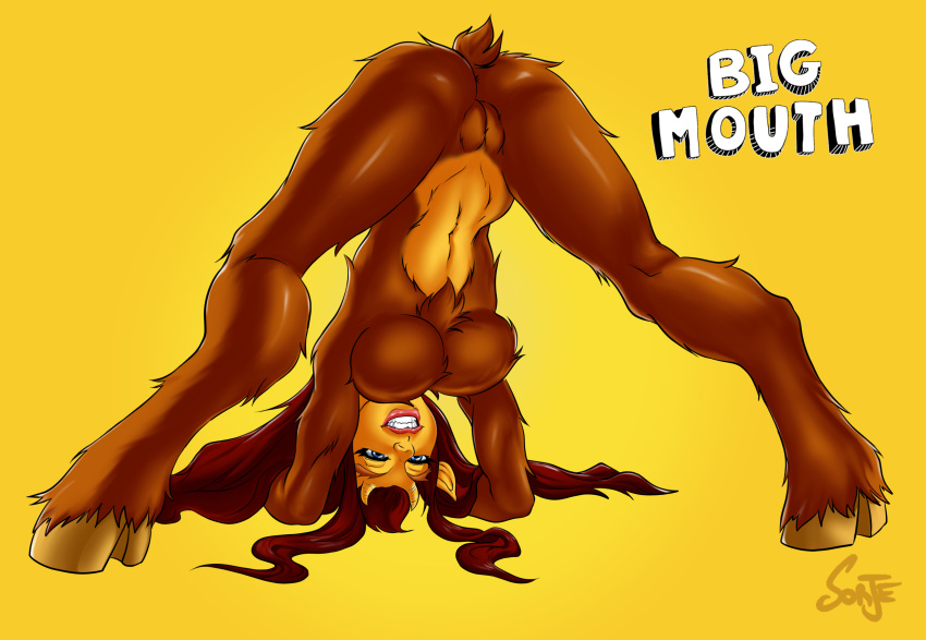 anthro anus ass_up big_mouth_(series) blue_eyes bovid breasts brown_body brown_fur brown_hair butt caprine connie_(big_mouth) featureless_breasts female fur furry_pussy genitals hair hi_res hooves hormone_monstress horn humanoid_face jack-o'_pose lips long_ears looking_back mammal multicolored_body multicolored_fur netflix nude pose presenting presenting_hindquarters pussy simple_background smile solo sorje tan_body tan_fur two_tone_body two_tone_fur upside_down yellow_background