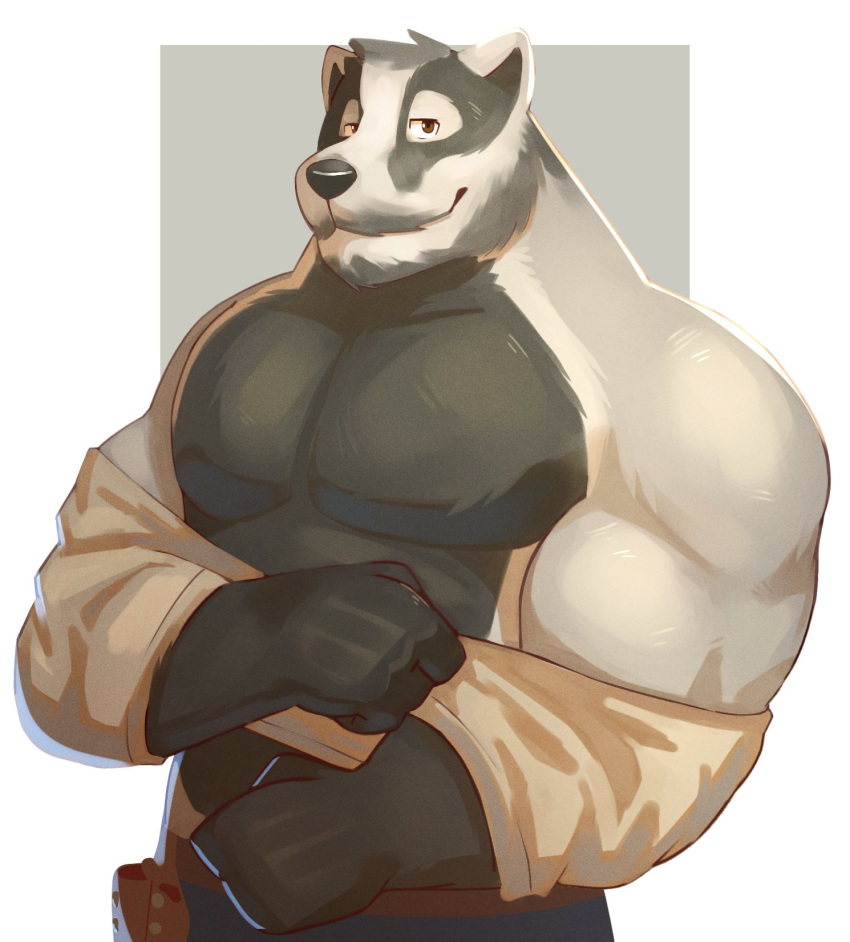 2021 anthro badger biceps black_nose cilok echo_(series) echo_project european_badger fur hi_res male mammal meles multicolored_body multicolored_fur muscular mustelid musteline nikolai_(the_smoke_room) pecs simple_background solo the_smoke_room video_games visual_novel