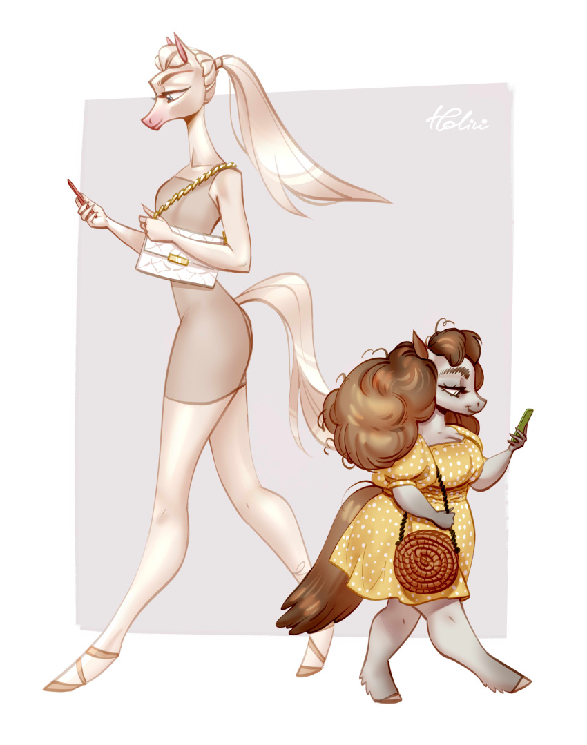 absurd_res brown_hair cellphone clothing dress duo equid equine female hair handbag hi_res holivi hooves horse long_hair mammal messy_hair miniature_horse phone ponytail purse size_difference smartphone white_hair