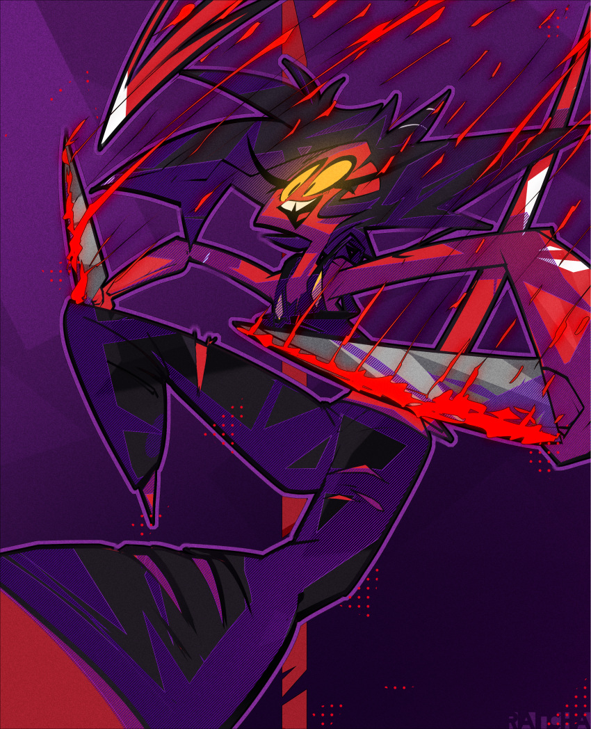 absurd_res anthro black_hair blood bodily_fluids clothed clothing digital_media_(artwork) female glowing glowing_eyes gore hair happy helluva_boss hi_res imp jumping knife mammal millie_(vivzmind) not_furry open_mouth pinup pose ratcha red_body red_skin simple_background smile solo weapon yellow_sclera