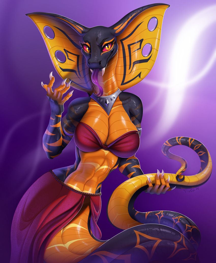 2021 5_fingers anthro apode breasts claws clothed clothing digital_media_(artwork) draconcopode female fingers fivel furgonomics furry-specific_piercing gauged_snake_hood hi_res invalid_tag legless looking_at_viewer lyersen naga non-mammal_breasts orange_eyes piercing red_sclera reptile scalie serpentine smile snake snake_hood snake_hood_piercing solo teeth tongue