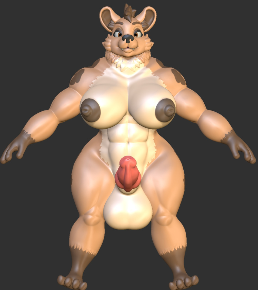 3d_(artwork) abs animal_genitalia animal_penis anthro balls big_breasts breasts canine_penis digital_media_(artwork) erection fur genitals gynomorph hi_res hyaenid intersex knot lizzykoopa mammal muscular muscular_anthro nipples nude penis sheath solo