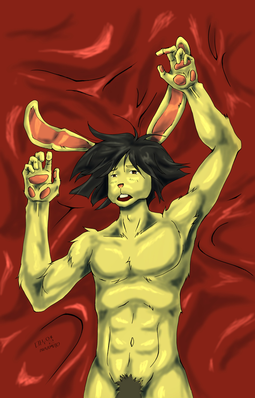 abs absurd_res animal_humanoid arms_above_head black_hair brown_eyes chest_tuft digital_drawing_(artwork) digital_media_(artwork) digital_painting_(artwork) fan_character fur hair hany_(yopo) hi_res humanoid lagomorph lagomorph_humanoid leporid leporid_humanoid long_ears male mammal mammal_humanoid nude pink_ears pink_nose rabbit rabbit_humanoid red_bed red_bed_sheet red_bedding slim solo tasteful_nudity tuft yellow_body yellow_fur yopo9810