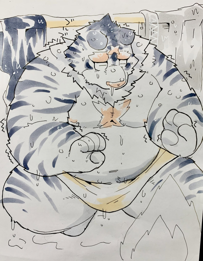 2021 anthro belly biped eyes_closed felid hi_res humanoid_hands japanese_text kemono male mammal moobs navel nipples overweight overweight_male pantherine scar solo suishou0602 text tiger towel wet white_body