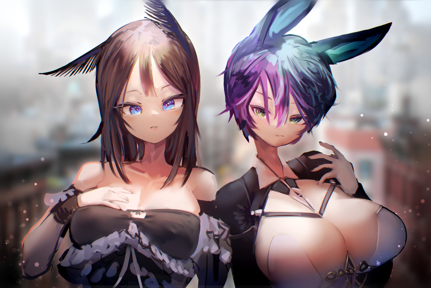 absurd_res big_breasts blue_eyes blush breasts brown_hair city city_background clothed clothing duo eyebrows female green_eyes hair hand_on_breast hi_res humanoid looking_at_viewer purple_hair short_hair utterangle