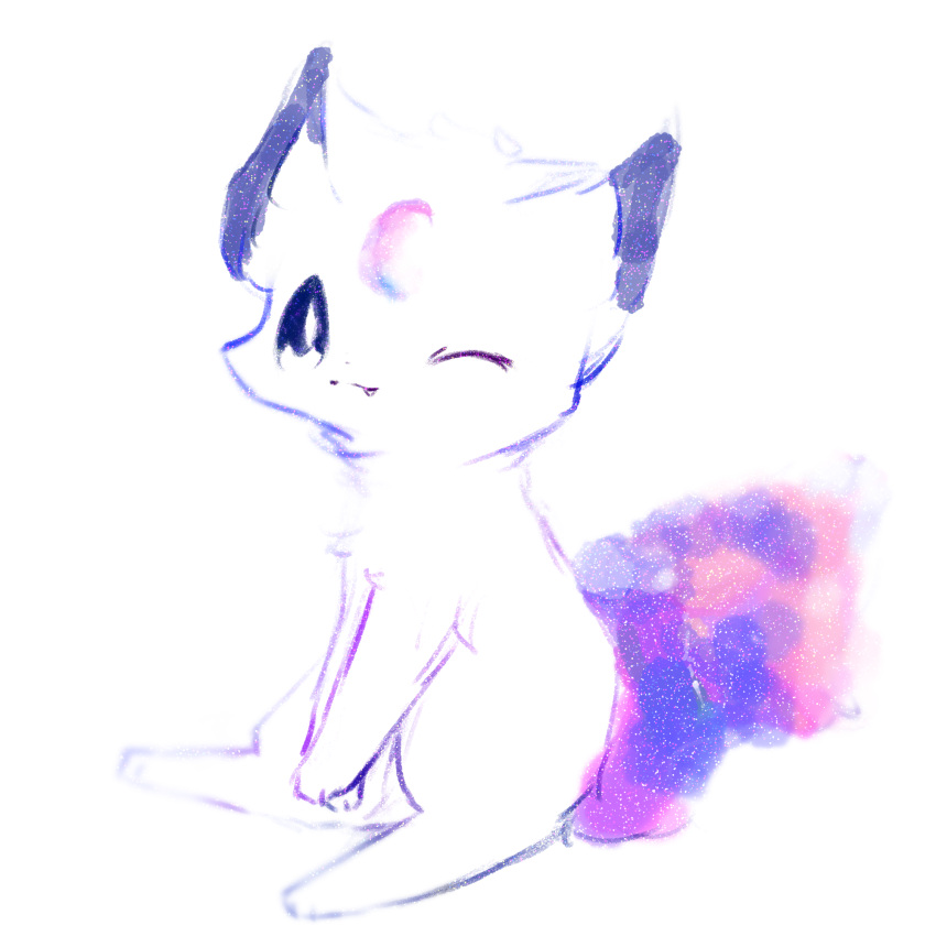 1:1 ambiguous_gender canid canine cosmic_fur cosmic_tail fangs feral fluffy fluffy_tail fox fur hi_res looking_at_viewer mammal markings_(fur) multicolored_outline one_eye_closed outline paws simple_background smile snoiifoxxo solo tuft white_background white_body white_fur
