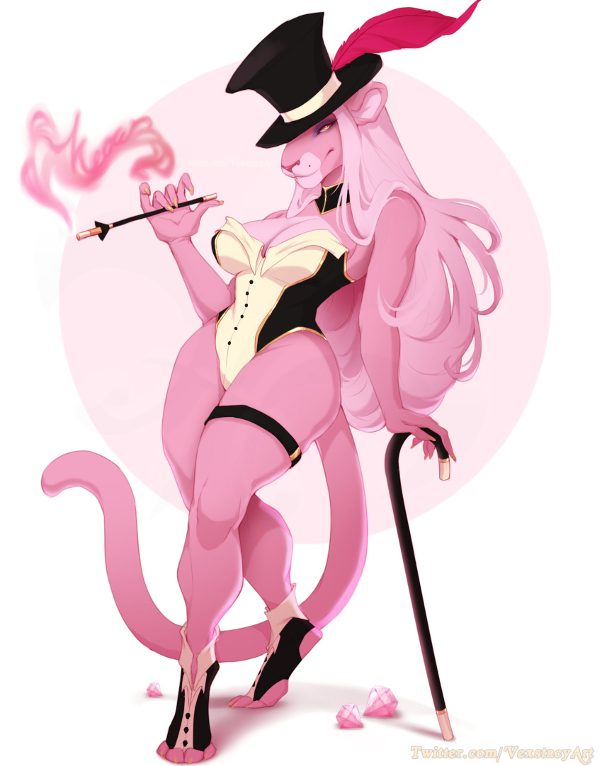 2021 absurd_res anthro breasts cane cigarette_holder cleavage clothed clothing crossgender digitigrade felid female fur gem hair hat headgear headwear hi_res leotard long_hair mammal pantherine pink_body pink_fur pink_panther solo thick_thighs top_hat vexstacy wide_hips
