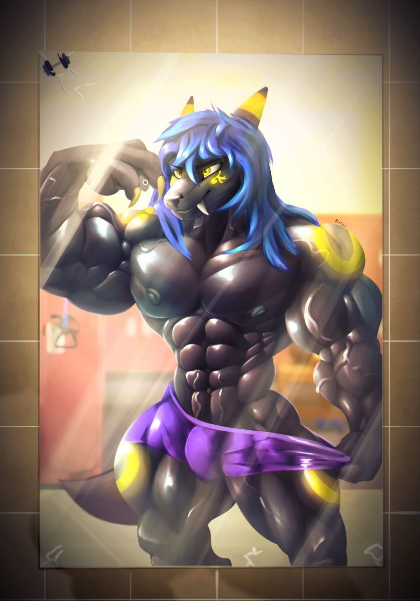 abs absurd_res anthro biceps big_muscles bottomwear bulge canid canine canis claws clothed clothing digitigrade eeveelution flexing hi_res huge_muscles hybrid male mammal mirror mirror_selfie muscular muscular_anthro muscular_male muscular_thighs nintendo nipples pok&eacute;mon pok&eacute;mon_(species) reflection rizzyofen selfie shorts solo umbreon underwear veiny_muscles video_games wolf