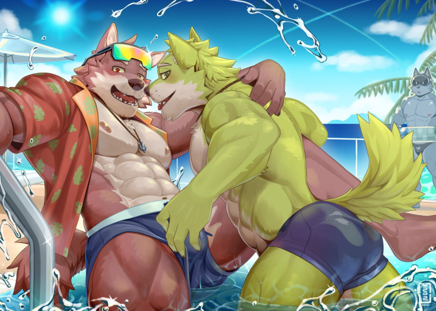 abs aloha_shirt anthro blush bulge butt canid canine canis clothing duo eyewear fur green_body green_fur grope lifewonders live-a-hero male male/male mammal mumu202 muscular muscular_anthro muscular_male nipples pattern_clothing pattern_shirt pattern_topwear pecs poolside red_body red_fur shirt shirtless speedo sunglasses swimwear topwear video_games water wolf wolf_villain_(live-a-hero)