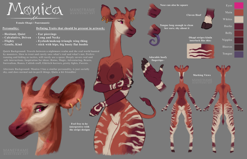 2021 5_fingers absurd_res anthro breasts ear_piercing ear_ring english_text female fingers genitals giraffid hi_res hooves horn long_neck long_tongue mammal maneframe markings model_sheet monica_(maneframe) nipples okapi ossicone piercing pussy solo stripes text tongue