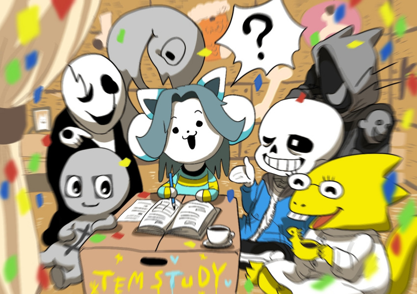 alphys animated_skeleton anthro bone bovid canid canine caprine clothed clothing felid feline gaster gaster_follower group hair mammal momo320 open_mouth reptile sans_(undertale) scalie skeleton studying tem temmie_(undertale) text topwear undead undertale video_games white_body