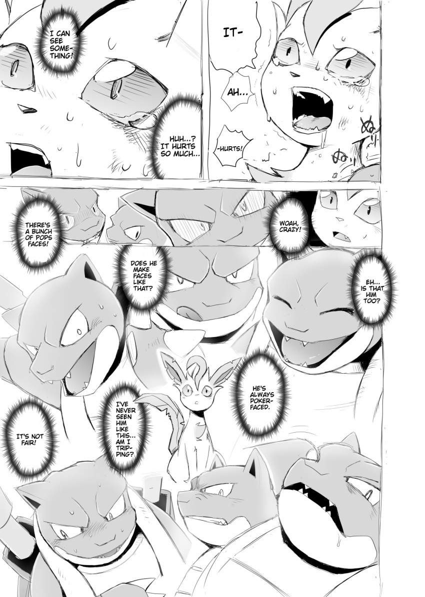 2021 ambiguous_gender blastoise bodily_fluids close-up comic dialogue digital_media_(artwork) drooling duo eeveelution english_text feral hallucination hi_res inner_monologue leafeon monochrome multiple_scenes nintendo open_mouth pok&eacute;mon pok&eacute;mon_(species) reptile saliva scalie speech_bubble surprised_expression sweat tears text tongue tongue_out video_games yamatokuroko965