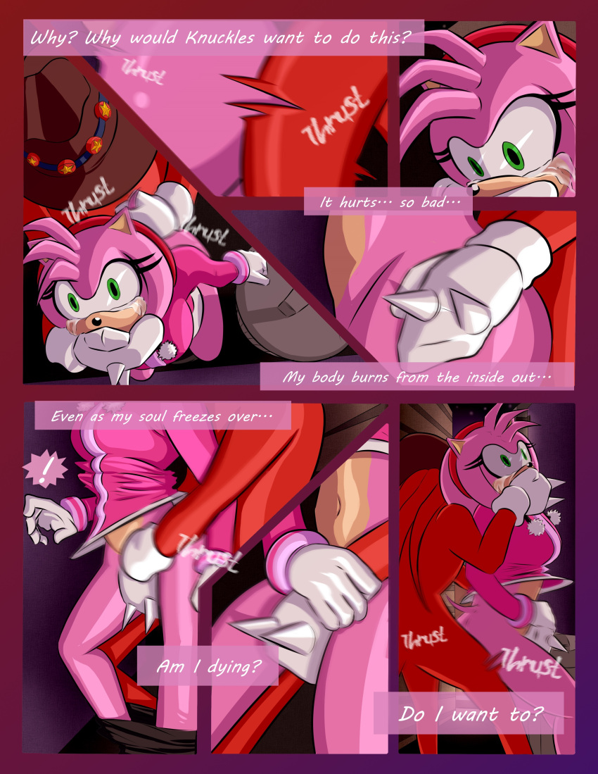 2019 absurd_res amy_rose anthro bodily_fluids breech_loader clothed clothing comic crying detailed_background duo echidna english_text eulipotyphlan female forced fur green_eyes handwear hedgehog hi_res knuckles_the_echidna male male/female mammal monotreme penetration rape sega sex sonic_the_hedgehog_(series) tears text thrusting toso video_games