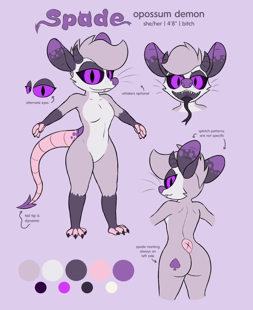 &spades; anthro biped bottomwear butt claws clothing creature_sp demon didelphid english_text eyeshadow fangs female fingerless_(marking) forked_tongue hi_res horn leg_markings makeup mammal markings marsupial model_sheet mottled open_mouth profanity purple_eyes purple_nose purple_sclera short shorts simple_background snaggle_tooth snake_tongue socks_(marking) solo spade_(character) spade_tail standing suit_symbol teeth text tongue tongue_out trans_(lore) trans_woman_(lore) whiskers