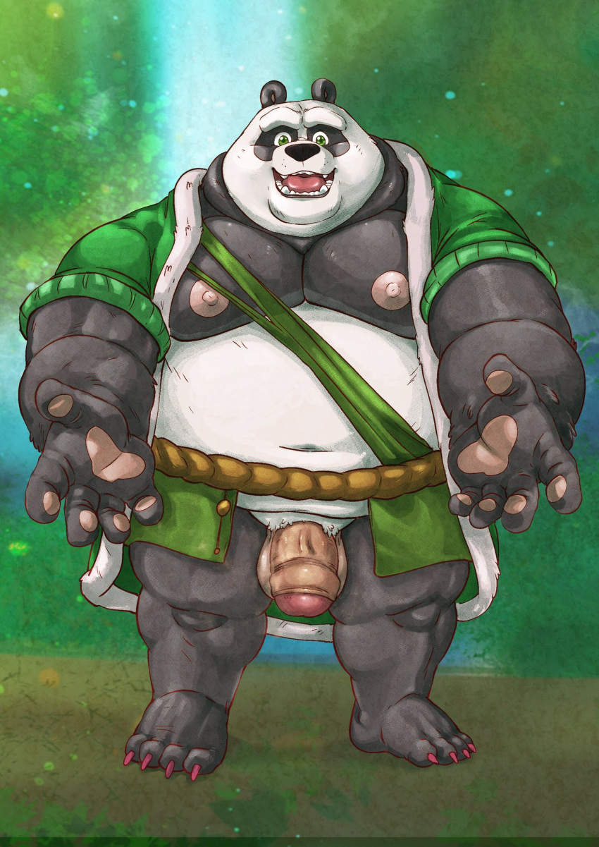 2021 anthro balls belly black_body black_nose dreamworks flaccid genitals giant_panda hi_res humanoid_genitalia humanoid_hands humanoid_penis kung_fu_panda li_shan_(kung_fu_panda) male mammal markwulfgar moobs navel nipples overweight overweight_male penis solo ursid white_body