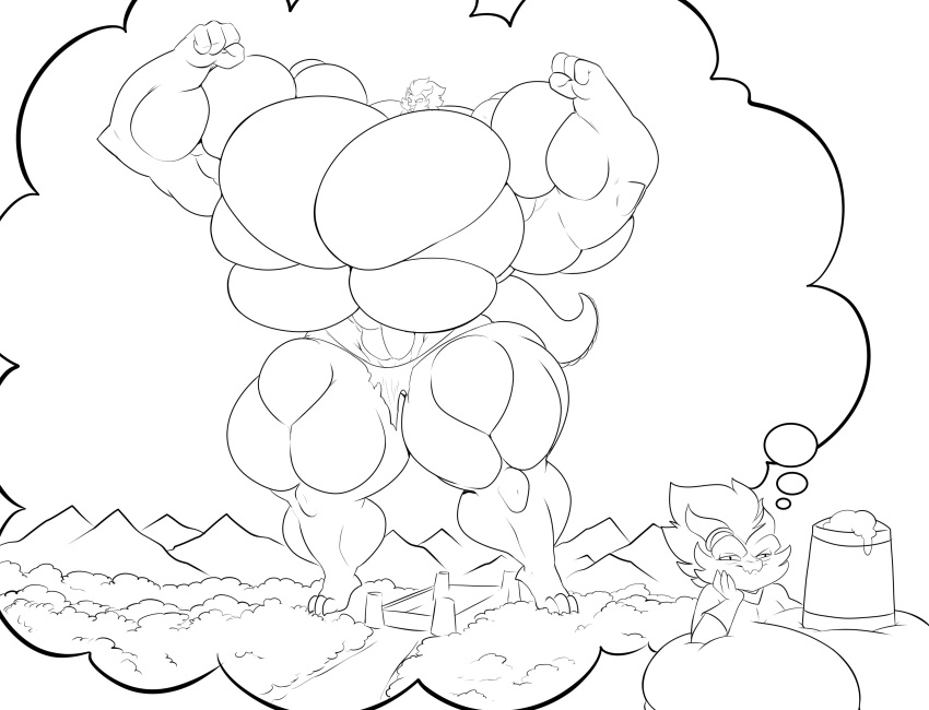 2020 3_toes 4_fingers absurd_res alternate_species anthro big_breasts big_muscles breasts busty_bird feet female fingers hi_res horn huge_breasts huge_muscles hyper hyper_breasts hyper_muscles imagination jaeh kobold monochrome muscular small_head solo thought_bubble toes
