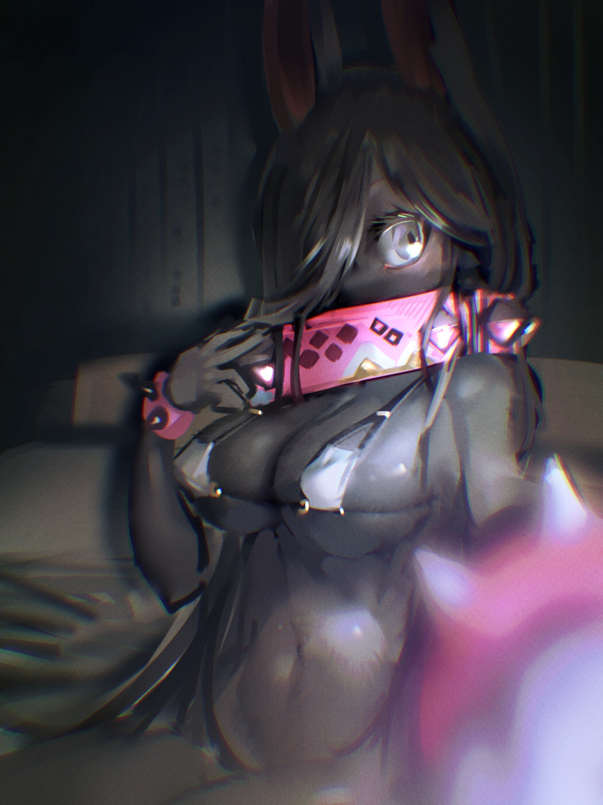 anthro bed big_breasts biped black_body black_fur black_hair bra breasts clothed clothing collar female fur furniture grey_eyes hair hi_res navel one_eye_obstructed pink_collar selfie skimpy solo underwear utterangle white_bra white_clothing white_underwear wristband
