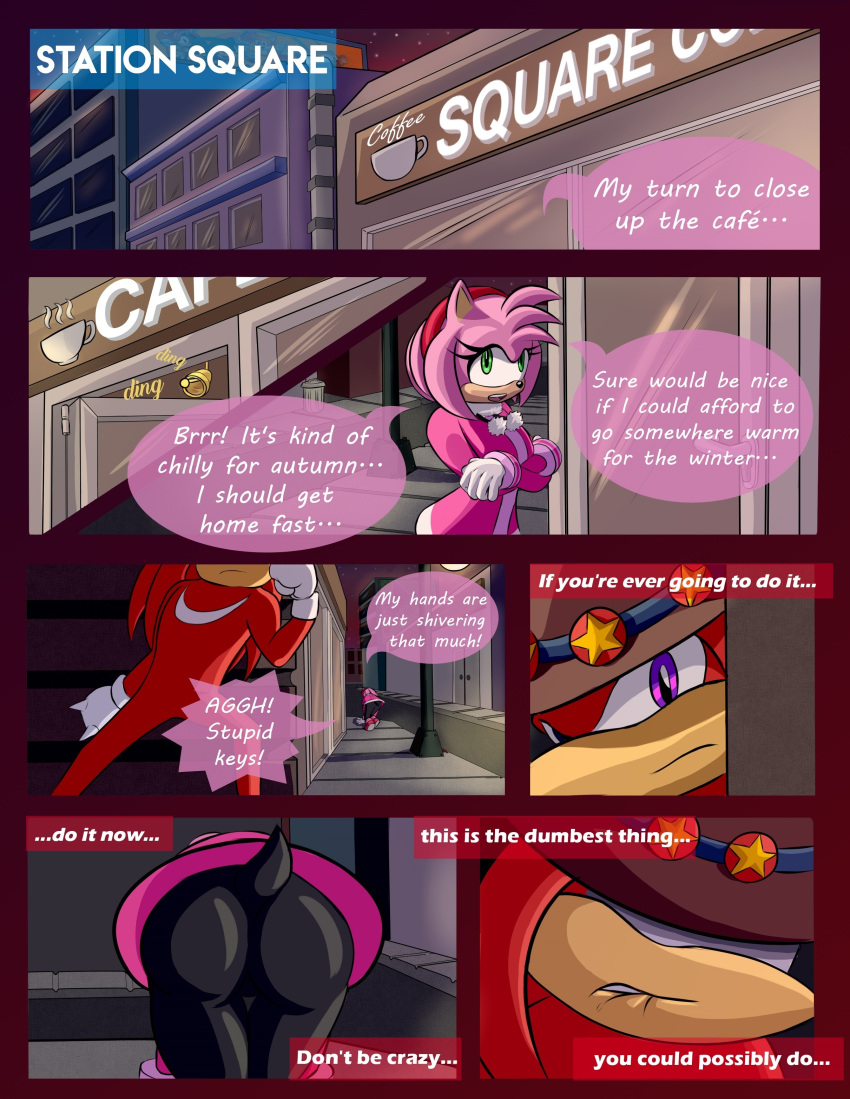 2019 absurd_res amy_rose anthro breech_loader clothed clothing comic detailed_background echidna english_text eulipotyphlan female fur green_eyes handwear hedgehog hi_res knuckles_the_echidna male mammal monotreme purple_eyes sega solo sonic_the_hedgehog_(series) text toso video_games