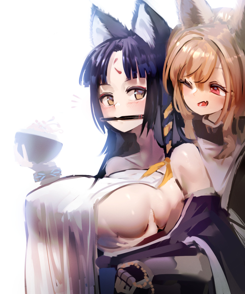 animal_humanoid arknights big_breasts blush breast_fondling breast_play breasts brown_hair canid canid_humanoid ceobe_(arknights) chopsticks cute_fangs duo female female/female fondling food hair hand_on_breast hi_res humanoid hypergryph mammal mammal_humanoid mischievous nipple_outline one_eye_closed red_eyes saga_(arknights) simple_background studio_montagne utterangle video_games white_background yellow_eyes