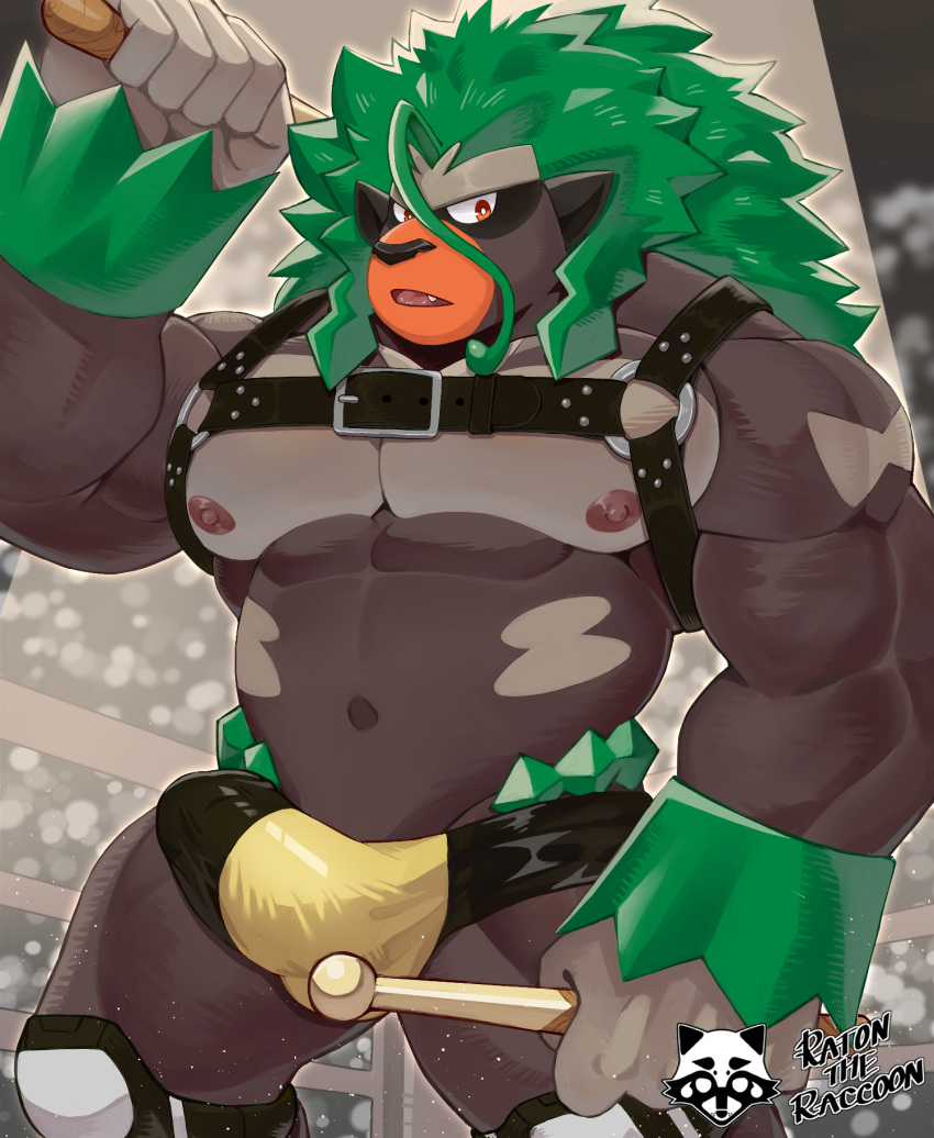 anthro areola biped bottomwear brown_body bulge clothed clothing drumstick_(musical) genital_outline green_hair hair harness hi_res holding_object male muscular muscular_anthro muscular_male nintendo nipples open_mouth orange_eyes pecs penis_outline pok&eacute;mon pok&eacute;mon_(species) ratontheraccoon rillaboom solo video_games