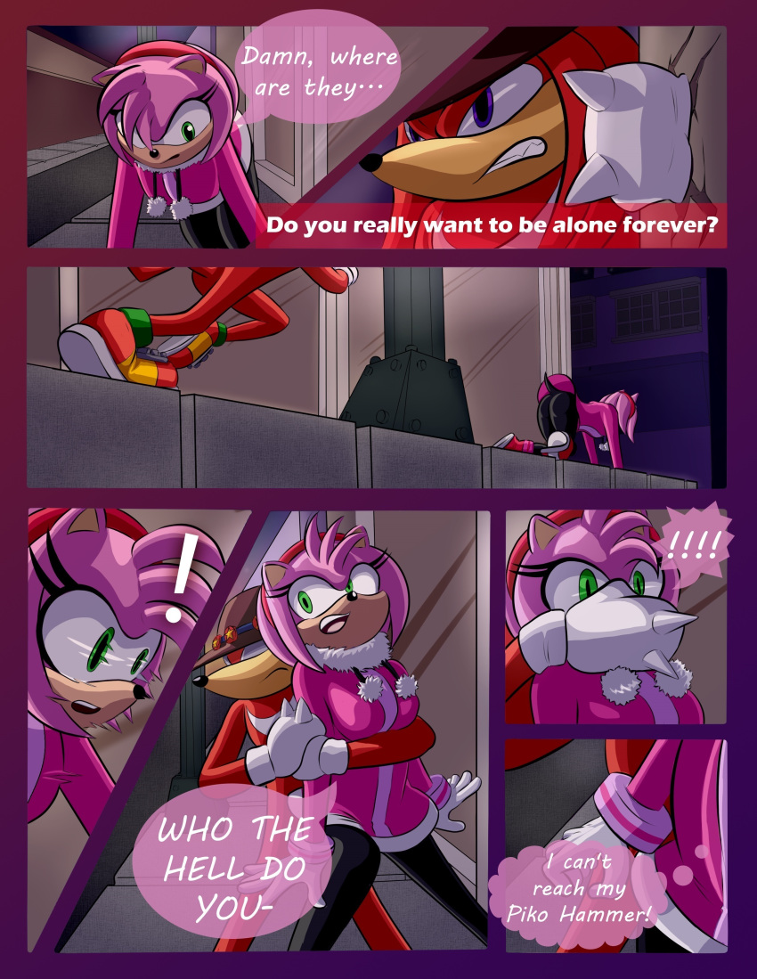 2019 absurd_res amy_rose anthro breech_loader clothed clothing comic detailed_background duo echidna english_text eulipotyphlan female fur green_eyes handwear hedgehog hi_res knuckles_the_echidna male mammal monotreme purple_eyes sega sonic_the_hedgehog_(series) text toso video_games violence