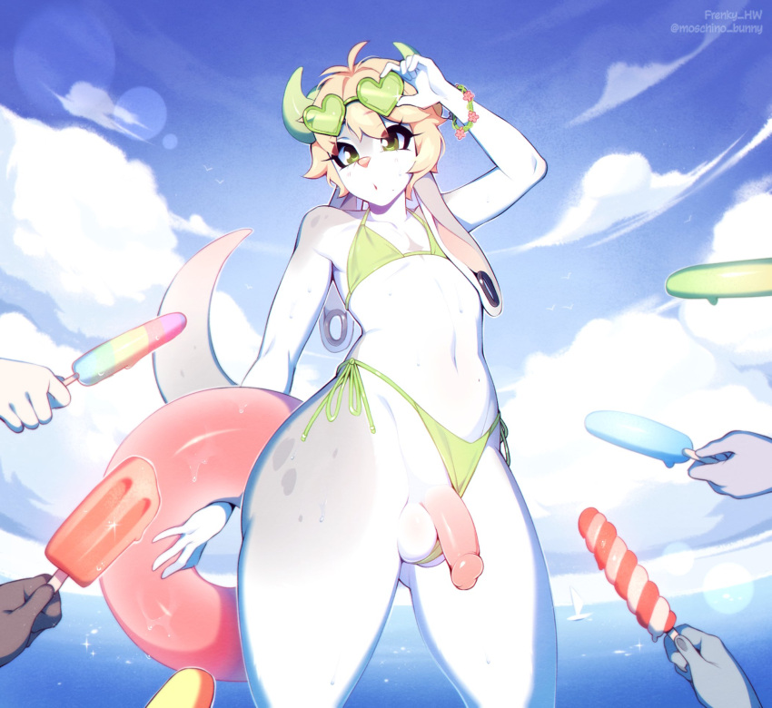 anthro balls bikini bikini_aside blonde_hair clothed clothing clothing_aside cloud crossdressing digital_media_(artwork) ear_piercing food frenky_hw gauged_ear genitals girly green_eyes hair heart_glasses hi_res humanoid_genitalia humanoid_penis inflatable inner_tube male outside penis piercing popsicle sea shaded side-tie_bikini sky swimwear swimwear_aside water wide_hips