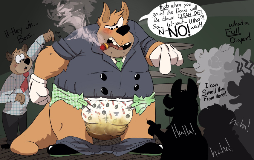 2019 anthro boss bottlebear brown_body brown_fur cigar clothed clothing dialogue diaper digital_drawing_(artwork) digital_media_(artwork) english_text feces filth filthy fur gloves group handwear hi_res kangaroo laugh macropod mafia male mammal marsupial messy_diaper necktie pooping public_humiliation scat simple_background smoking soiled_diaper soiling soiling_diaper speech_bubble teeth text toony used_diaper