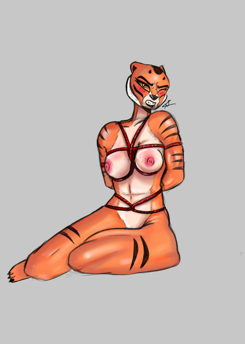 3_toes anthro bdsm big_breasts big_butt black_markings blush bondage bound breasts butt cheek_tuft claws clenched_teeth dreamworks facial_tuft feet felid female freckles fur grey_background hands_behind_back hi_res humanoid kung_fu_panda looking_at_viewer mammal markings master_tigress multicolored_body multicolored_fur navel nipples nude one_eye_closed orange_body orange_eyes orange_fur pantherine poppy's69 rope rope_bondage signature simple_background sitting solo striped_markings stripes teeth thick_thighs tiger toe_claws toes tuft two_tone_body two_tone_fur white_body white_fur