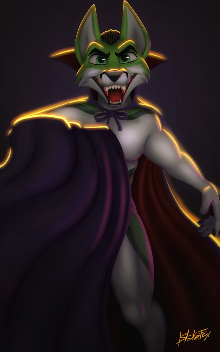 absurd_res anthro black_nose blakefox blood blood_on_teeth bodily_fluids canid canine cape clothed clothing digital_media_(artwork) fangs fidget_the_fox fox fur green_body green_eyes green_fur hair hi_res looking_at_viewer male mammal open_mouth signature simple_background smile solo tongue vampire white_body white_fur