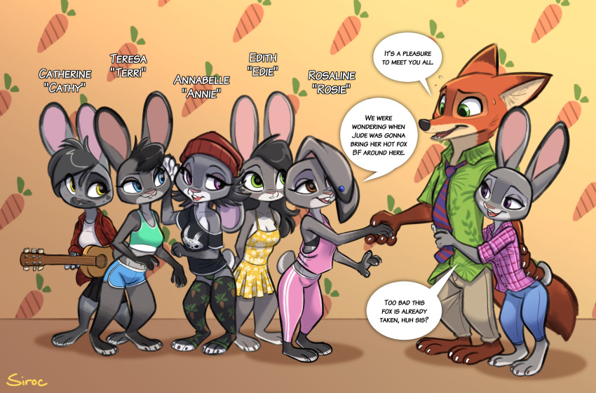 absurd_res anthro bottomwear breasts canid canine cleavage clothed clothing disney ear_piercing english_text fan_character female fox fur grey_body grey_fur group guitar hi_res judy_hopps lagomorph leporid male mammal musical_instrument nick_wilde orange_body orange_fur pants piercing plucked_string_instrument rabbit shirt shorts sibling siroc sister sisters string_instrument text topwear zootopia