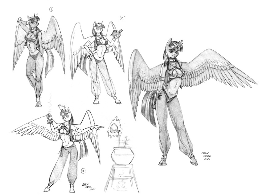 2021 ankle_cuffs anthro armlet baron_engel book breasts cauldron cleavage clothed clothing equid equine erlenmeyer_flask feathered_wings feathers female friendship_is_magic genie graphite_(artwork) hand_on_hip hooves horn laboratory_equipment laboratory_glassware&lrm; looking_at_viewer magic mammal monochrome my_little_pony navel pencil_(artwork) pose reading reading_book scientific_instrument shackles signature solo spread_wings topwear traditional_media_(artwork) twilight_sparkle_(mlp) winged_unicorn wings