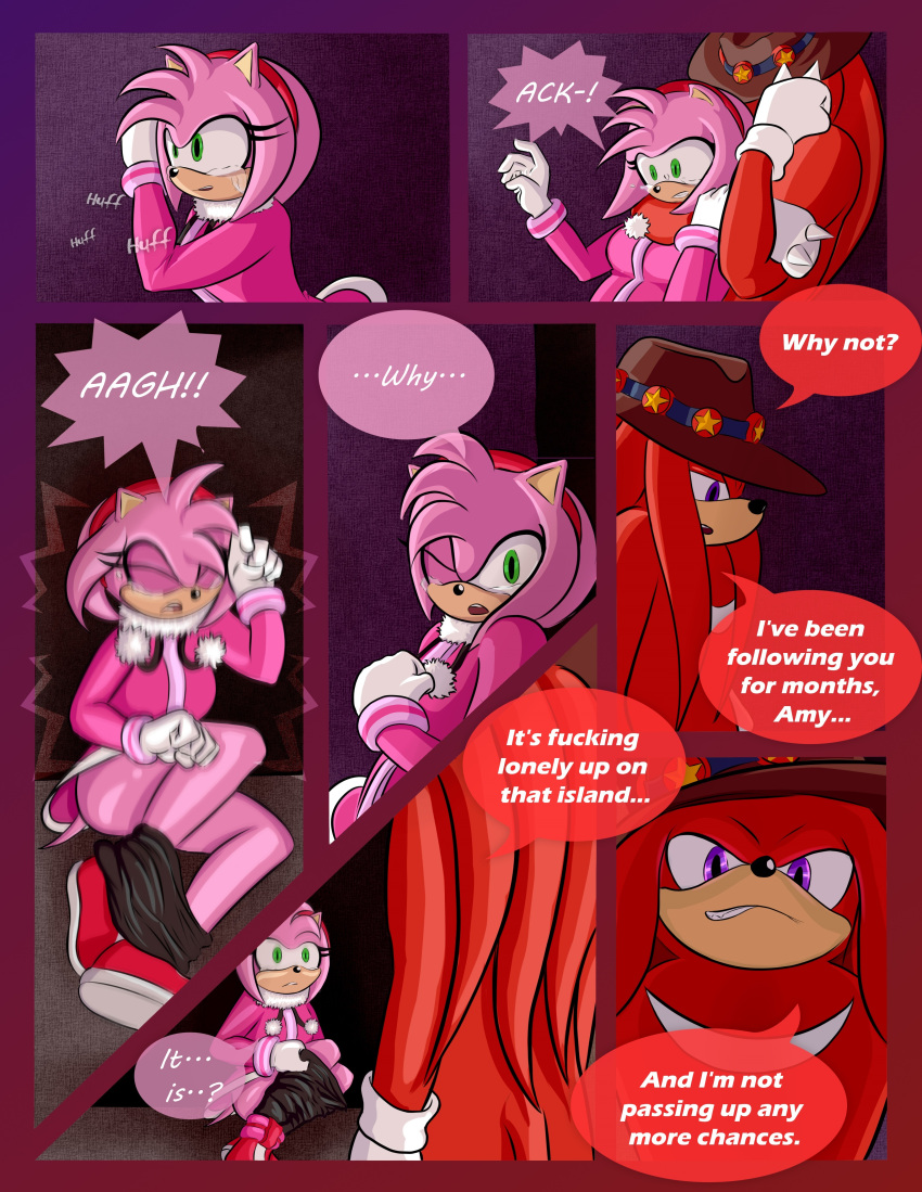 2019 absurd_res amy_rose anthro bodily_fluids breech_loader clothed clothing comic crying duo echidna english_text eulipotyphlan female fur green_eyes handwear hedgehog hi_res knuckles_the_echidna male mammal monotreme plantigrade profanity purple_eyes sega sonic_the_hedgehog_(series) tears text toso video_games