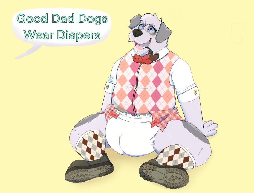 2019 anthro argyle_(pattern) barnaby_(overzen) biped black_nose bodily_fluids bottlebear bow_tie canid canine canis clothed clothing diaper digital_drawing_(artwork) digital_media_(artwork) domestic_dog drooling footwear fur grey_body grey_fur herding_dog hypnosis male mammal mature_male mind_control multicolored_body multicolored_fur offscreen_character old_english_sheepdog open_mouth overweight overweight_male pastoral_dog saliva sheepdog simple_background smoking_pipe socks solo spiral_eyes tongue tongue_out topwear two_tone_body two_tone_fur vest yellow_background