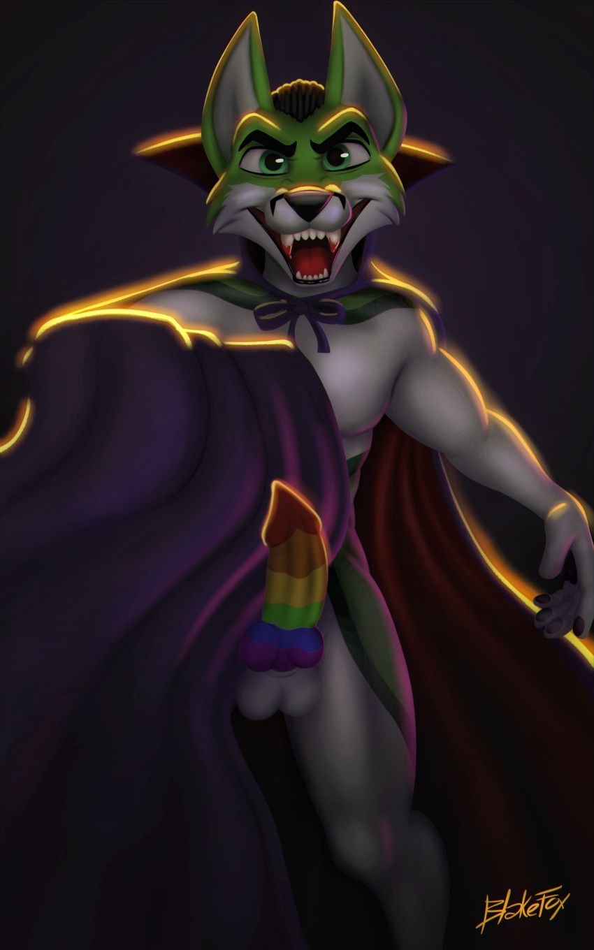 absurd_res anthro balls black_nose blakefox blood blood_on_teeth bodily_fluids canid canine cape clothed clothing digital_media_(artwork) ears_up erection fangs fidget_the_fox fox fur genitals green_body green_eyes green_fur hair hi_res looking_at_viewer male mammal multicolored_penis nude open_mouth penis rainbow_penis signature simple_background smile solo tongue vampire white_body white_fur