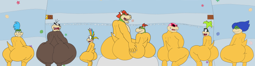 absurd_res anthro beach big_butt bowser bowser_jr. butt fractured group hi_res iggy_koopa kneeling koopa koopaling larry_koopa lemmy_koopa lightning looking_back ludwig_von_koopa male mario_bros morton_koopa_jr. nintendo nude presenting reptile roy_koopa scalie seaside turtle video_games