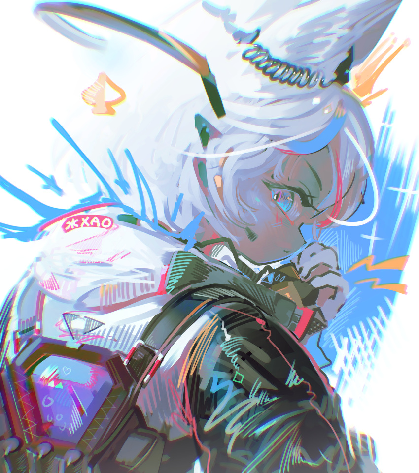 abstract_background anthro biped blue_eyes chromatic_aberration clothed clothing female futuristic hair hi_res looking_at_viewer looking_back looking_back_at_viewer rear_view russian_text solo text utterangle white_hair